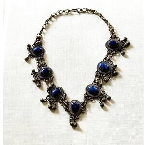 Vintage Afghan Tribal Lapis Lazuli Necklace Kuchi Silver Tone Statement
